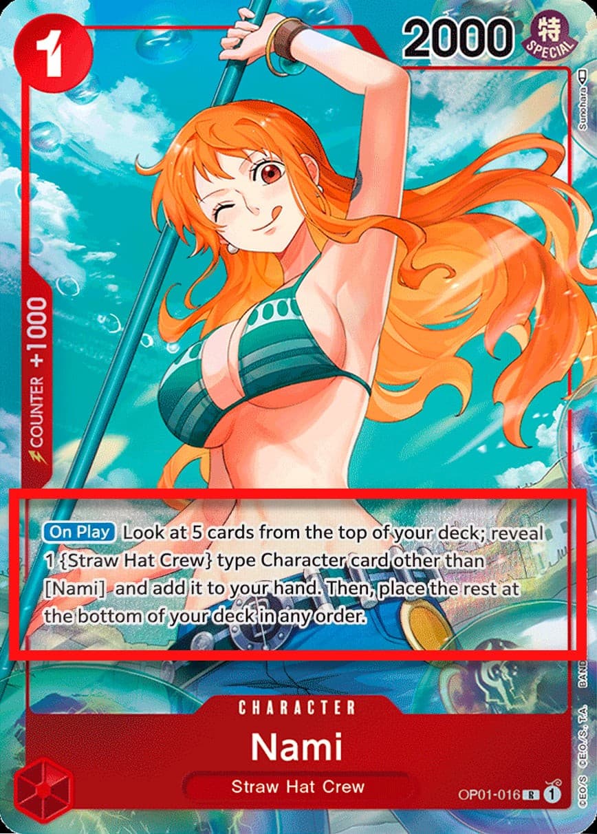 Nami (Alternate Art | Alpha Pre-Errata Card | "reveal 1 {Straw Hat Crew} type Character")