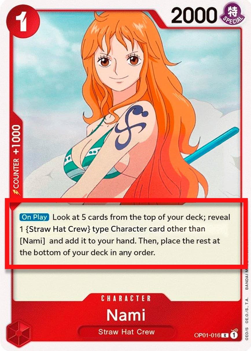 Nami (Alpha Pre-Errata Card | "reveal 1 {Straw Hat Crew} type Character [...]")